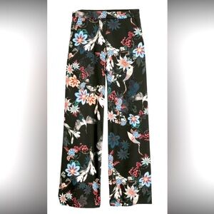 H&M Floral Bird Black Wide-Leg Satin Pants (Size 4)